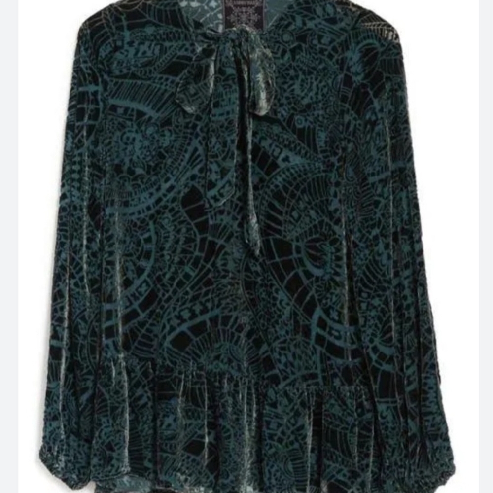 Johnny Was Green Velvet Patterned Blouse